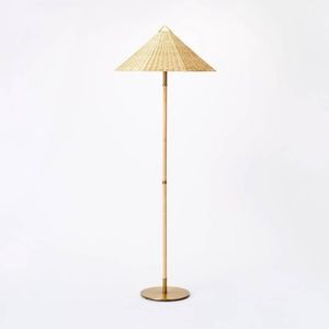 STUDIO MCGEE Floor Lamp Gold Iron with Tapered Rattan Shade